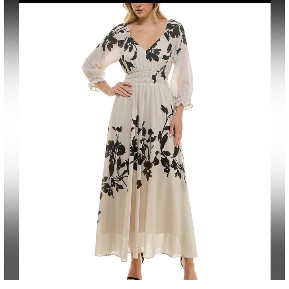 Taylor Women's Cream Black Floral Smocked Waist Maxi Dress Size 8 - Picture 2 of 10